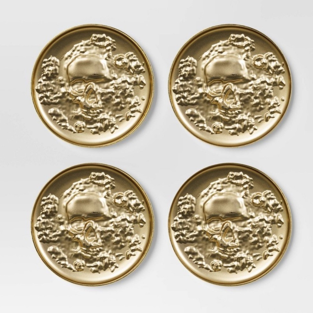 Target Threshold Metal Coasters Gold Embossed Skull 4 Pack Halloween Party New